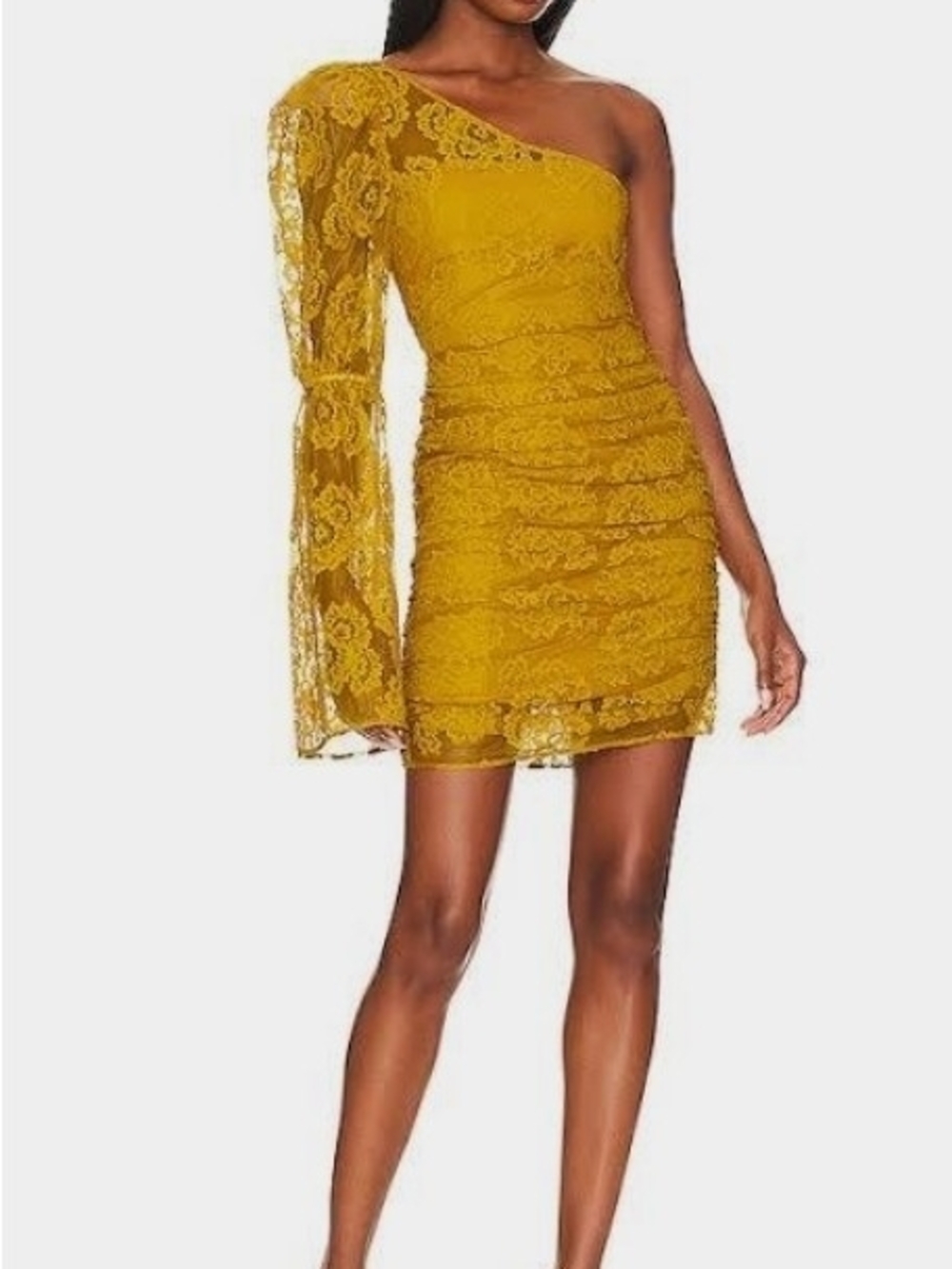 NWT For Love & Lemons Tiana Bouquet Lace One-Shoulder Mini Dress Golden Yellow M